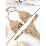 PU Pleated Ruched Bikinis Mini Micro Thong Bikini Women Swimwear Female Swimsuit Two-pieces Bikini Set Halter Bathing Suit Swim