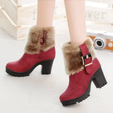 Square heel women winter shoes classic buckle warm fur snow ladies boots high heels black platform ankle boots women botas 362