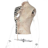 FDYOUI Sexy Zebra-stripe Print Tank Tops Women's Corset 2026 Summer Stand Collar Lace-up Sleeveless T-shirt Hollow Out Crop Top