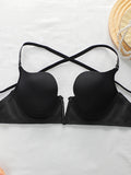 Women's sexy deep V-cross shoulder bra with steel ring gathering push up solid color breathable comfortable bra A2797