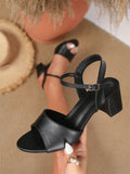 Size 42 Summer Classic Black White Ankle Strap Sandals for Women Elegant Blue Pink Square Heels Office Lady Shoes