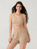 Women 2 Piece Sets Summer Fitness Short Sets Sleeveless Square Neck Crop Vest + Loose Shorts Casual Tracksuits