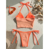 Striped Halter Tankini V Neck Bikini Women Swimwear Female Swimsuit Two-Pieces Bikini Set Padded Bather Bathing Suit Swim V8385