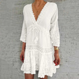 Dresses For Formal Occasions Womens Fashion V Neck Lace Jacquard Seven Quarter Sleeve Bohemian Floral Dress Sexy Beach Sundress