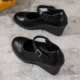 2026 New Ankle Buckle Wedges Heel Pumps Women Black Pu Leather High Heels Mary Jane Shoes Woman Plus Size 42 Office Pumps Ladies