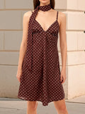 Women's Summer Mini Cami Dress A Line Stylish Dot Print Backless V Neck Spaghetti Strap Dresses with Scarf