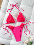 Women's Erotic Naughty Lingerie Sets Halter Neck 3D Mesh Flower Bra and Tie Up Thong