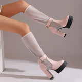 Plus Size Mesh Fabric Splicing PU High Socks Boots Ankle Buckle Ultra Thick Heel Back Zipper Breathable Summer Knee High Boots