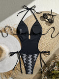 Sexy Black Stripe One Piece Swimsuit 2026 Women V Neck Hollow Out Backless Tie Side Thong Bikini Holiday Bathing Suit Swimwear