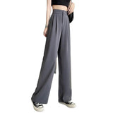 Women High Waist Straight Wide Leg Pants Solid Color Suit Pants Elastic Slant Pockets Loose Office Trousers