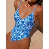S - XL Flower Floral V Neck One Piece Swimsuit Women Swimwear Female Monikini High Cut Leg Padded Bather Bathing Suit Swim V8079