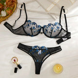 BlackBlue Embroidered Floral Lingerie Set - Sexy Bra And G-string Combo with Heart Decoration Underwear Set for Women ZA824027