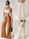 2026 New Women Elegant Solid Color Lace Trim High Waist Wide Leg Pants Casual Loose Palazzo Trousers