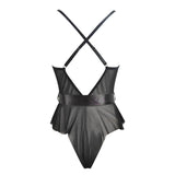 Sexy See Through Lingerie Woman Lace Transparent Underwear Bodysuits Deep V Neck Ruffle Hem Satin Bow Sheer Mesh Teddy Body Suit
