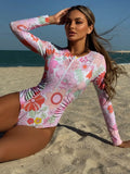 Pink Floral Print Surf Swimwear Women Front Zipper Long Sleeve Sunscreen Holiday One Piece Swimsuit Bathing Suit Monokini 2026