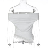 FDYOUI Woman Clothing Slash Neck T-shirts 2026 Summer Sleeveless Lace Patchwork White T Shirt Y2K Girls Irregular Corset Tee Top