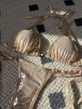 PU Leather Pearls Bikini Mini Micro Thong Bikinis Women Swimwear Female Swimsuit Two-piece Bikini Set Halter Bathing Suit Swim