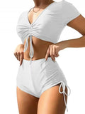 Sexy Drawstring Bikini Set 2026 Women Green Black Short Sleeve Two Piece Swimsuit Summer Bathing Suit Pleate High Waist Swimwear