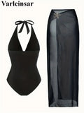 S - XL New With Skirt Deep V Neck Halter One Piece Swimsuit Women Swimwear Female Starfish Padded Bather Bathing Suit Swim V7977