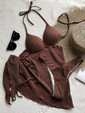 With Beach Sarong Bra Cup Wrinkled Bikini Female Swimsuit Women Swimwear Three-pieces Bikini Set Push Up Bathing Suit Swim Lady
