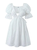 Foridol Lace Summer White Dress Women Puff Sleeve Embriodery Waist Cut Out Beach Short Sexy Cotton Dress Backless 2025 Sundress
