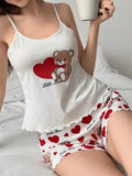 Summer Cute Bear+Heart Print 2pcs Pajamas Set Women Homewear Camisoles Tops and Shorts Underwear Sexy Lingerie Sleepwear