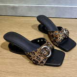 Women's Vintage y2k Leopard Slide Mules Sandals Unique Curved Hollow Sculpted Wedge Heel Slip On Designer Heels Shoes Size 43