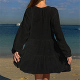 2025 Long Sleeve Hollow Out Crochet Knitted Tunic Beach Cover Up Cover-ups Beach Dress Beach Wear Beachwear Female Women K6674