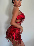 DEKA  Brazilian Silver Sequin Tassel Bikini Set Women's Halter Fringes Bra Shorts Nightclub Swimsuit Dance Stage Outfit Swimwear