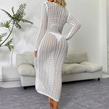 See-through Maxi Dress with V-Neck And Long Sleeves Lace-Up Hollow-out Design for Women Fashionable Beach Holiday Sexy Long Gown