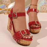Fashion Buckle Chunky Wedges Sandals Women Red 9.5Cm High Heels Platform Sandles Woman Plus Size 43 Summer Thick Sole Sandalias