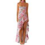 Women Flower Printed Tube Dress Summer Strapless Ruffles High Split Dress with Scarf for Party Cocktail Streetwear