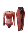 S - XXL Printed Long Sleeve With Sarong One Piece Swimsuit Women Swimwear Female Flowers Padded Bather Bathing Suit Swim K7181