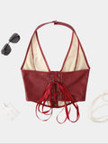 Pure Color Fishbone Shapewear Top Women's PU Leather Neck Buttoned Vest Market Style Underwear And Clothing