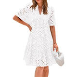 Casual Short Sleeve V-neck Midi Dress Women's Hollow Out Eyelet Dress Summer Beach Tiered Flowy A-line Sundress
