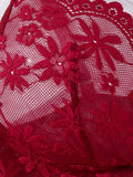 Lady's Wine-Red Rural-Style Wheat-Styled Embroidered Semi-Transparent Nightgown, Elegant and Comfortable, with Floral ZA825096