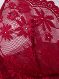 Wine Red Daisy Floral Lace Sheer Mesh Babydoll Lingerie Set Slip Nightdress With Matching Thong Women Sexy Sleepwear ZA825096