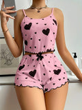 Sweet Heart Print Pajama Set for Women Cute Sleeveless Cami Top and Ruffle Shorts Soft Ribbed Knit Loungewear Adorable Pjs