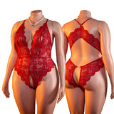 Plus Size Sexy Crotchless Lingerie Women Lace Hollow Bodysuit Erotic Pajamas Teddy Babydoll Dress Deep V Open Bra Underwear Set