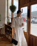 2026 French Retro Heavy Shirt Skirt Hollow Lace Balloon Sleeve Shirt + High Waist Belted Skirt Fashion Suit for Women
