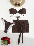 With Sarong Skirt Bandeau Bikini Women Swimwear Female Swimsuit Three-pieces Bikini Set Metal Rings Bathing Suit Swim Beachwear