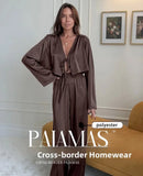 Women Silk Satin Pajama Set Deep V Neck Long Sleeve Lace Trim Tie Front Top Pants Soft Loungewear Elegant Home Sleepwear Night