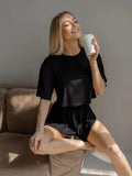 Summer 2 Pieces Pajama Sets for Women Sexy Sleepwear Black Crop Tops with Shorts Sets Underwear Loungewear Home Clothes