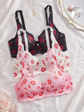 3PCS Sexy Lace Lip Print Women Lingerie Set Hollow Out Mesh Unlined Underwire Bra Bow & Rhinestone Sexy Bras