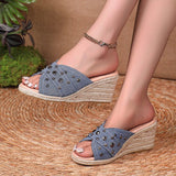 Fashion Denim Chunky Wedge Sandals Women 2025 Rivets Decor High Heels Slippers Woman Peep Toe Thick Bottom Sandles Plus Size 43