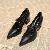 Single Shoes Fashion Pointed Toe Not Tired Feet One Word Belt Soft Sole Non-slip Block Heel Leather Shoes
