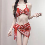 Elegant Black White Stripe Three Piece Swimsuit Set with Halter Buckle Top Wrap Skirt Modest Swimwear for Beach Pool Vacation