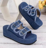 Women Denim Belt Buckle Wedge Heels Slippers Summer2026 Non Slip Thick Sole Beach Slippers Woman Fashion Buckle Platform Sandles