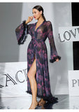 2026 New Women Elegant Butterfly Print Mesh Robe Big Flare Sleeve Lace Up Tassel Fringe High Slit Bathrobe Loungewear