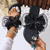 Fashion Mesh Bowknot Flat Heel Sandals Women Rhinestone Decor Clip Toe Beach Slippers Woman Plus Size 42 Backless Sandals Female